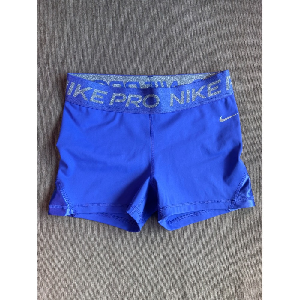 Nike Pro Dri-FIT Womens Blue Silver Glitter Waistband Compression Shorts Medium